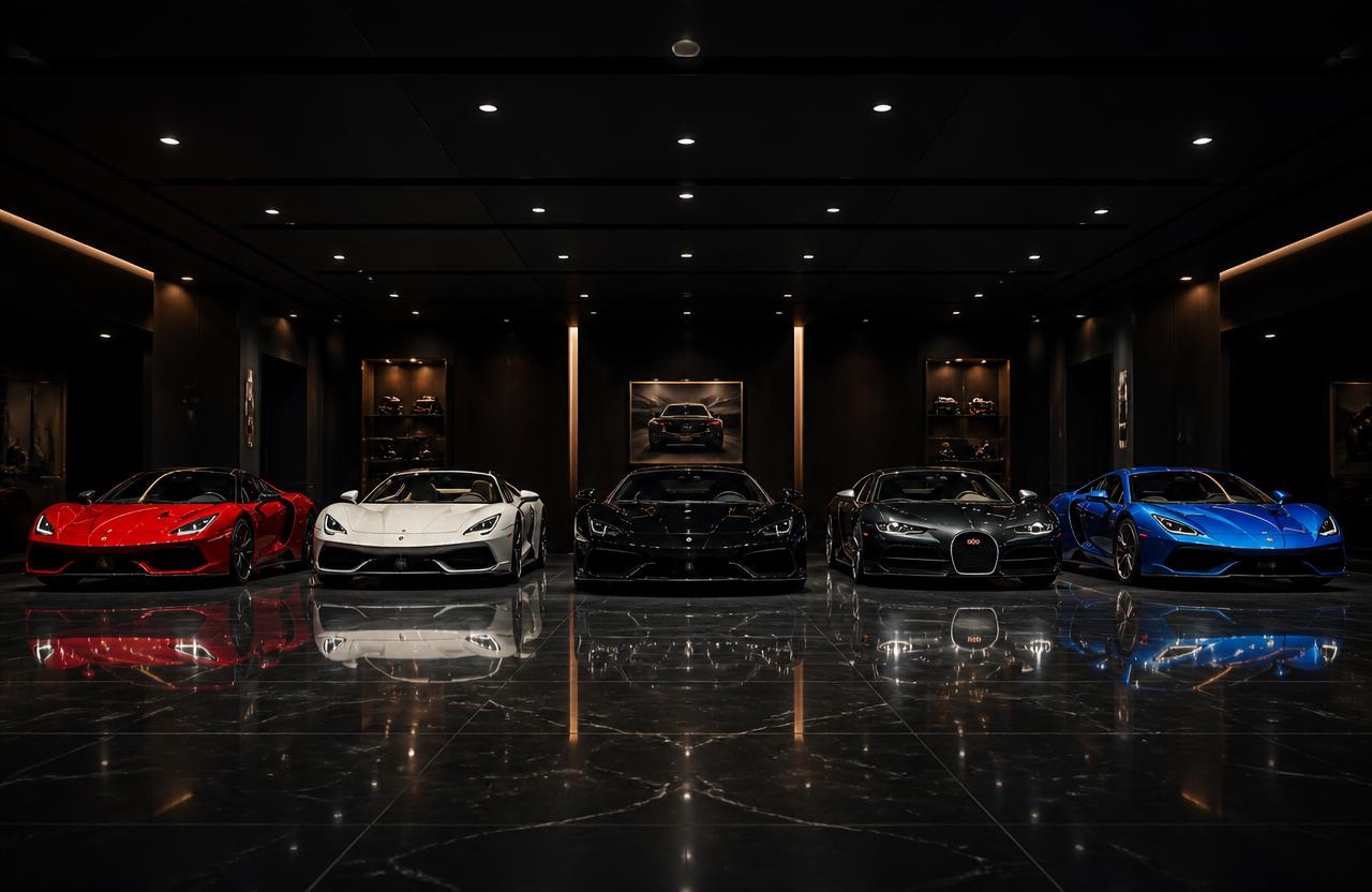 Five supercars lined up in a dark luxury showroom